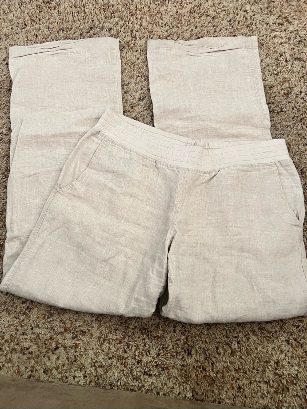 Allen Allen Neutral Beige Elastic Waist Linen Pants